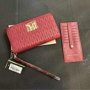 Badgley Mischka Wine Zip Wallet Wristlet & Card Holder Set NWT Quilted